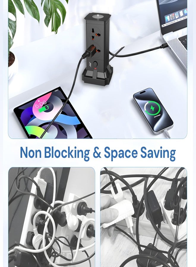 انت موزع طاقة Ant Pulse Tower | لوحة تمديد | حماية من زيادة التيار | منافذ متعددة | 4 منافذ تيار متردد، منفذي USB (2.1 أمبير) + منفذي Type-C | 2500 واط / 10 أمبير | إضاءة ليلية LED علوية | مفتاح واحد | غطاء أمان للأطفال - أسود - Image 5